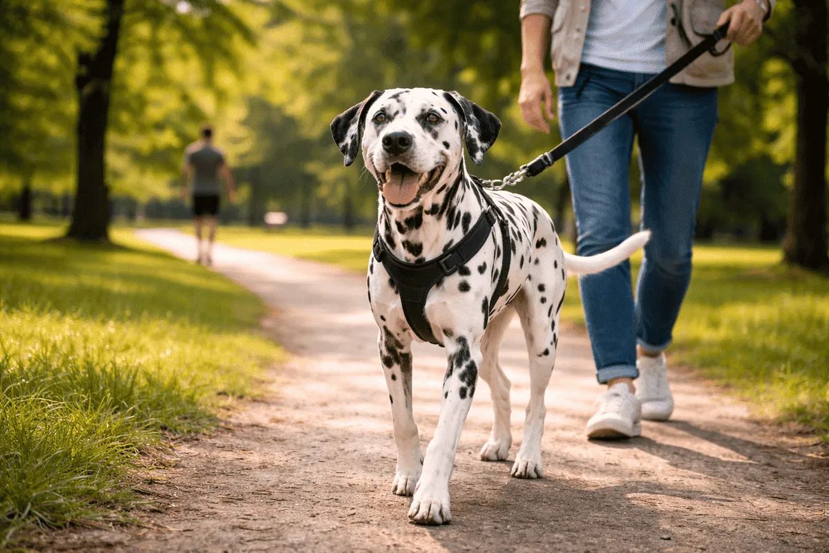 Dalmatiner läuft angeleint mit seinem Halter auf einem Waldweg – Beispiel für die Leinenpflicht beim Spaziergang mit Hund im Saarland.