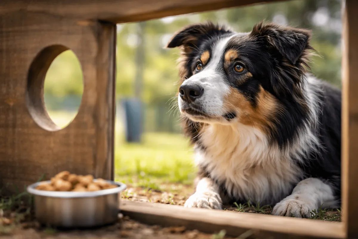 Border Collie beobachtet aufmerksam durch eine Öffnung und sucht nach Futter – Beispiel für Problemlöseverhalten und kognitive Entscheidungsprozesse beim Hund