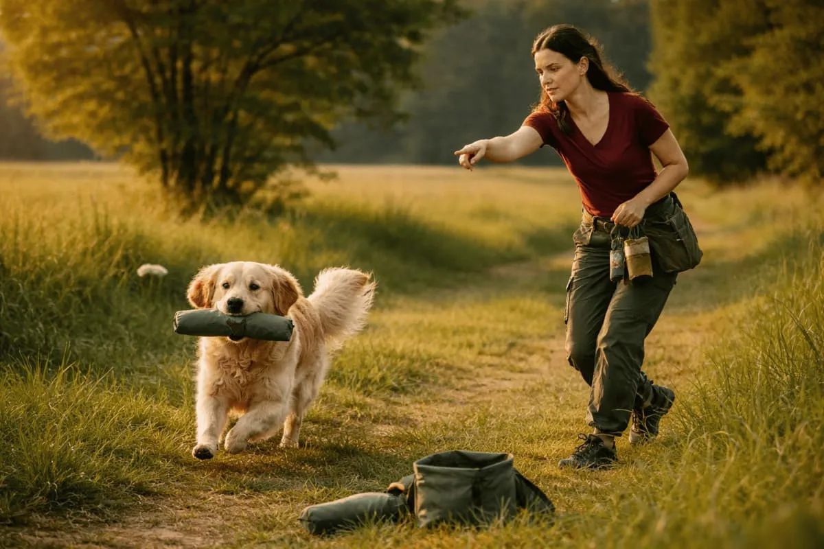 Dummytraining mit Hund – Golden Retriever apportiert Dummy, Halterin gibt Signal im Gelände