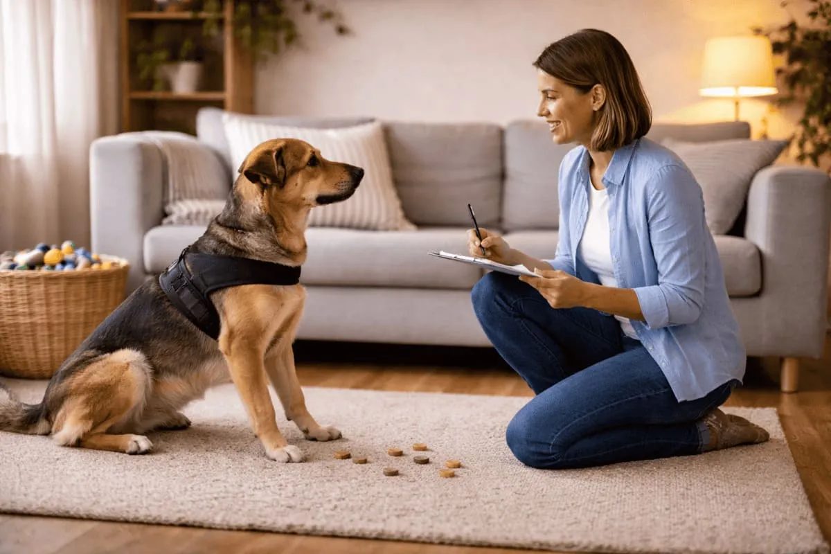 Verhaltenstherapie Hund Saarland – Trainerin arbeitet im Nachfolgetermin ruhig mit aufmerksamem Hund im Wohnzimmer