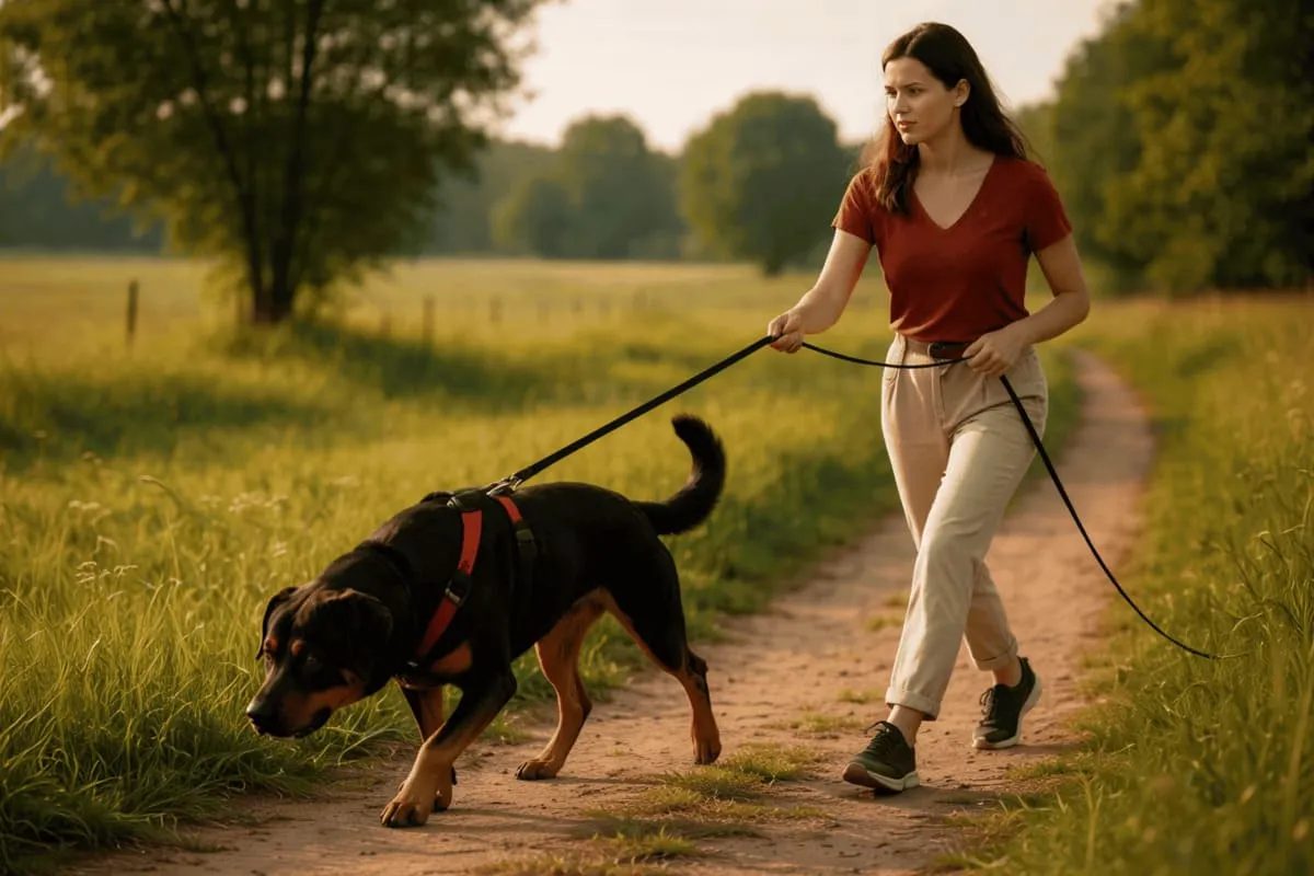 Frau trainiert mit Hund beim Mantrailing auf einem Feldweg im Saarland, Hund folgt konzentriert einer Geruchsspur an der Leine