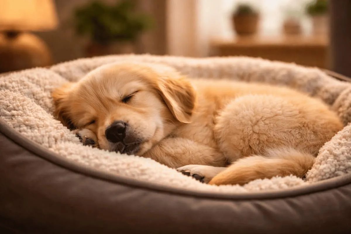 Golden retriever puppy peacefully sleeping in a soft dog bed, curled up and relaxed in a warm, cozy indoor setting.