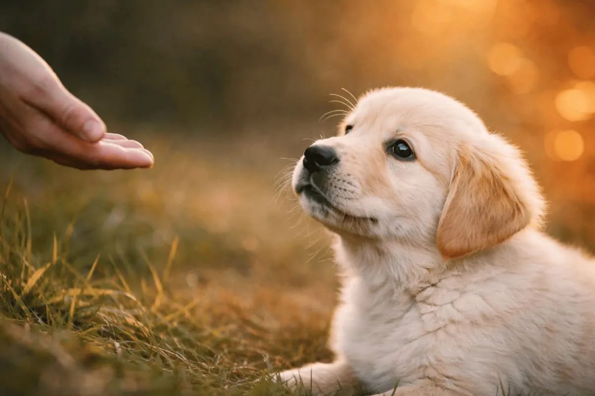 Golden Retriever puppy looking at a human hand in a sunlit outdoor setting, symbolizing early social bonding and positive learning experiences in puppy development