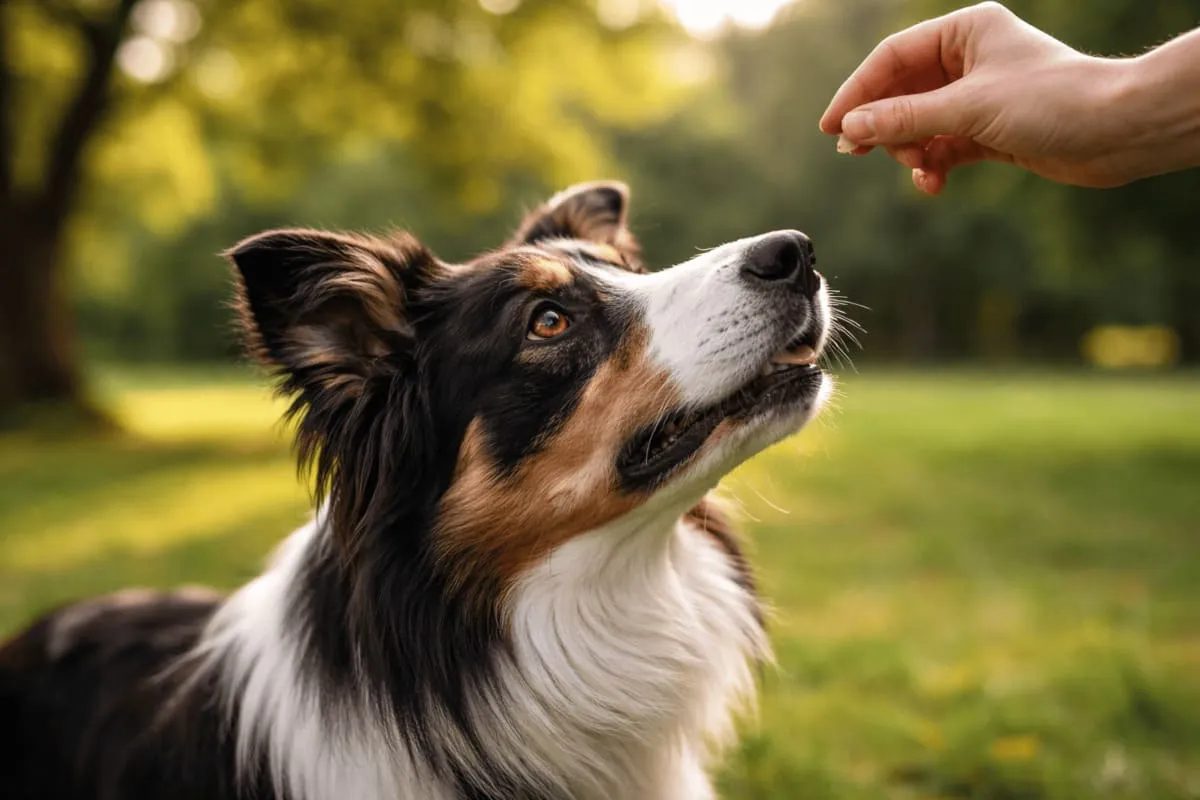 Focused dog maintaining eye contact with a handler holding a treat, demonstrating impulse control during training outdoors