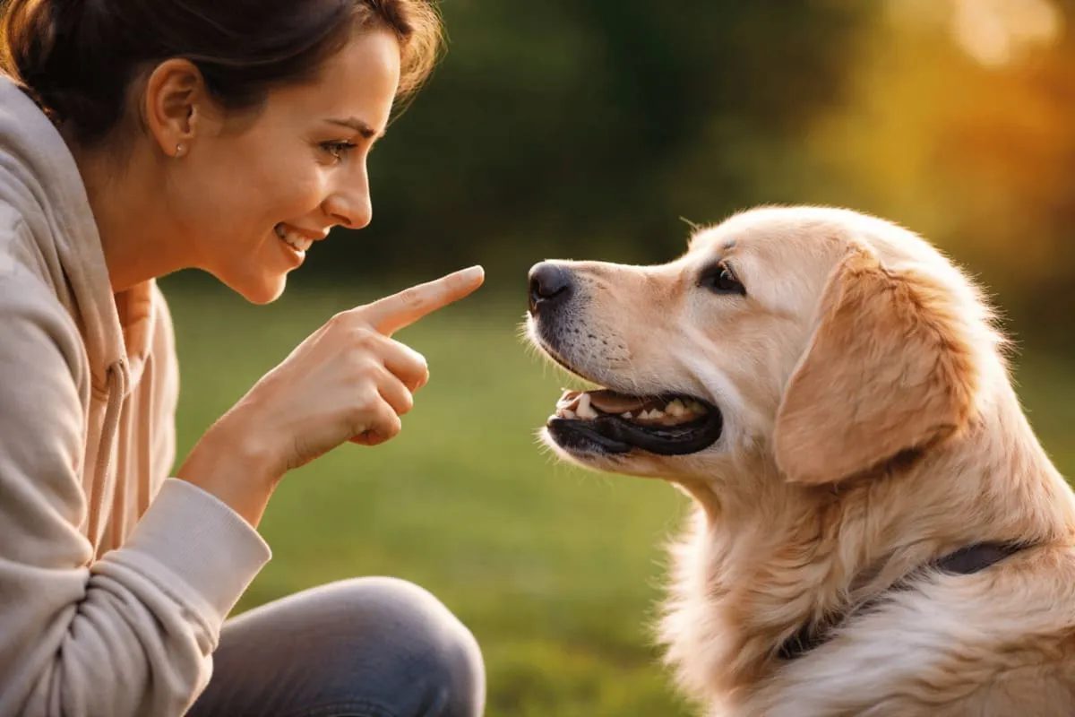 Woman interacting with a dog using a pointing gesture, illustrating human–dog communication and the dog’s ability to interpret human gestures and social cues