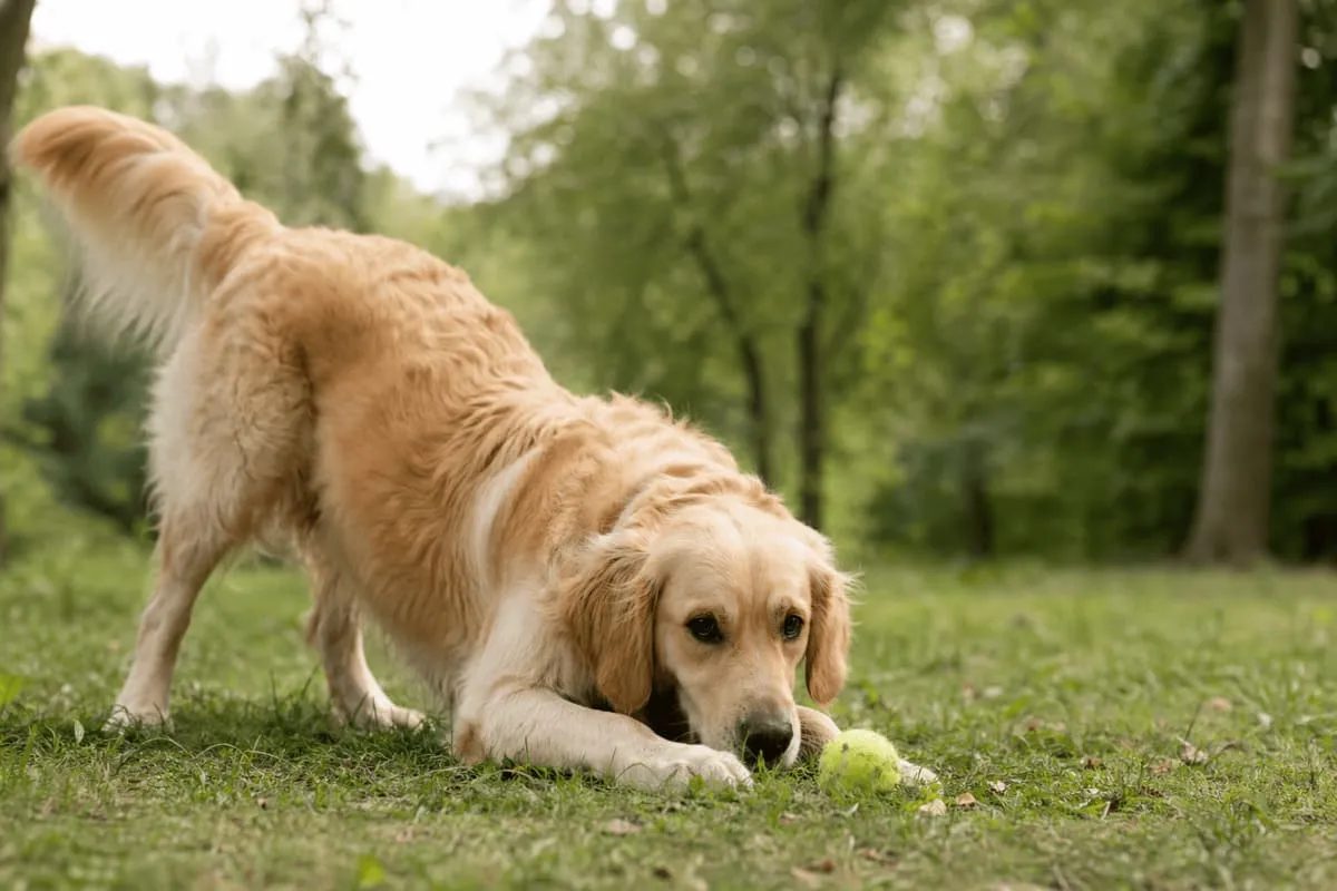 Golden Retriever in a play bow position focusing on a tennis ball on grass in a natural outdoor setting with a softly blurred forest background.