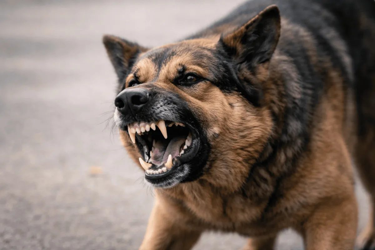 Aggressive dog showing teeth and defensive body language, illustrating pain-related aggression and behavioral changes in dogs with chronic pain such as osteoarthritis
