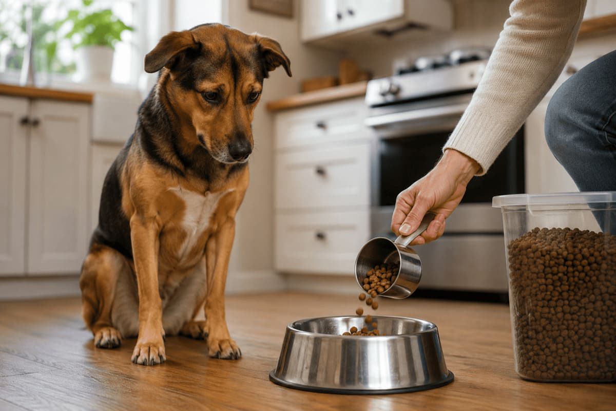 Dog waiting beside a food bowl while a person pours dry food from a measuring scoop in a home kitchen, illustrating the relationship between feeding and canine behavior.