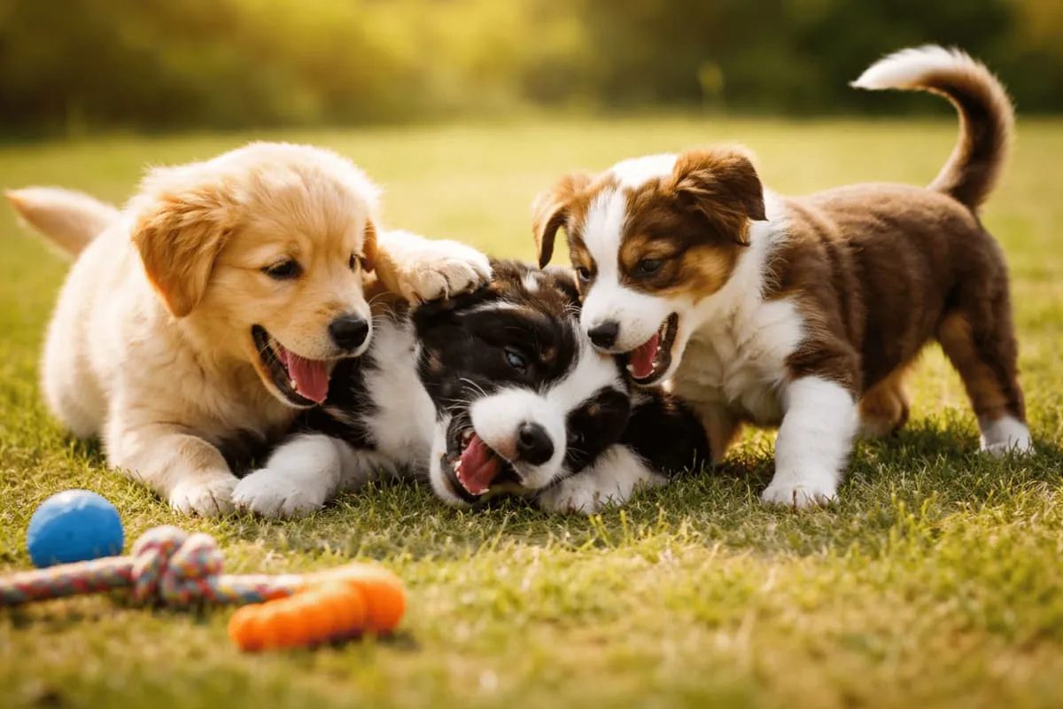 Playful puppies interacting on grass – three young dogs engaging in social play with toys, showing joyful behavior, movement, and early social learning in a natural outdoor setting.
