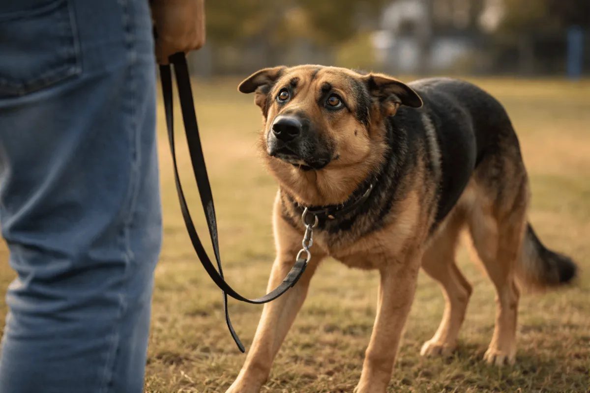 Fearful dog with lowered body posture and averted gaze recoils from a raised hand while a remote training collar and leash are visible, illustrating stress responses and insecurity caused by aversive training methods.