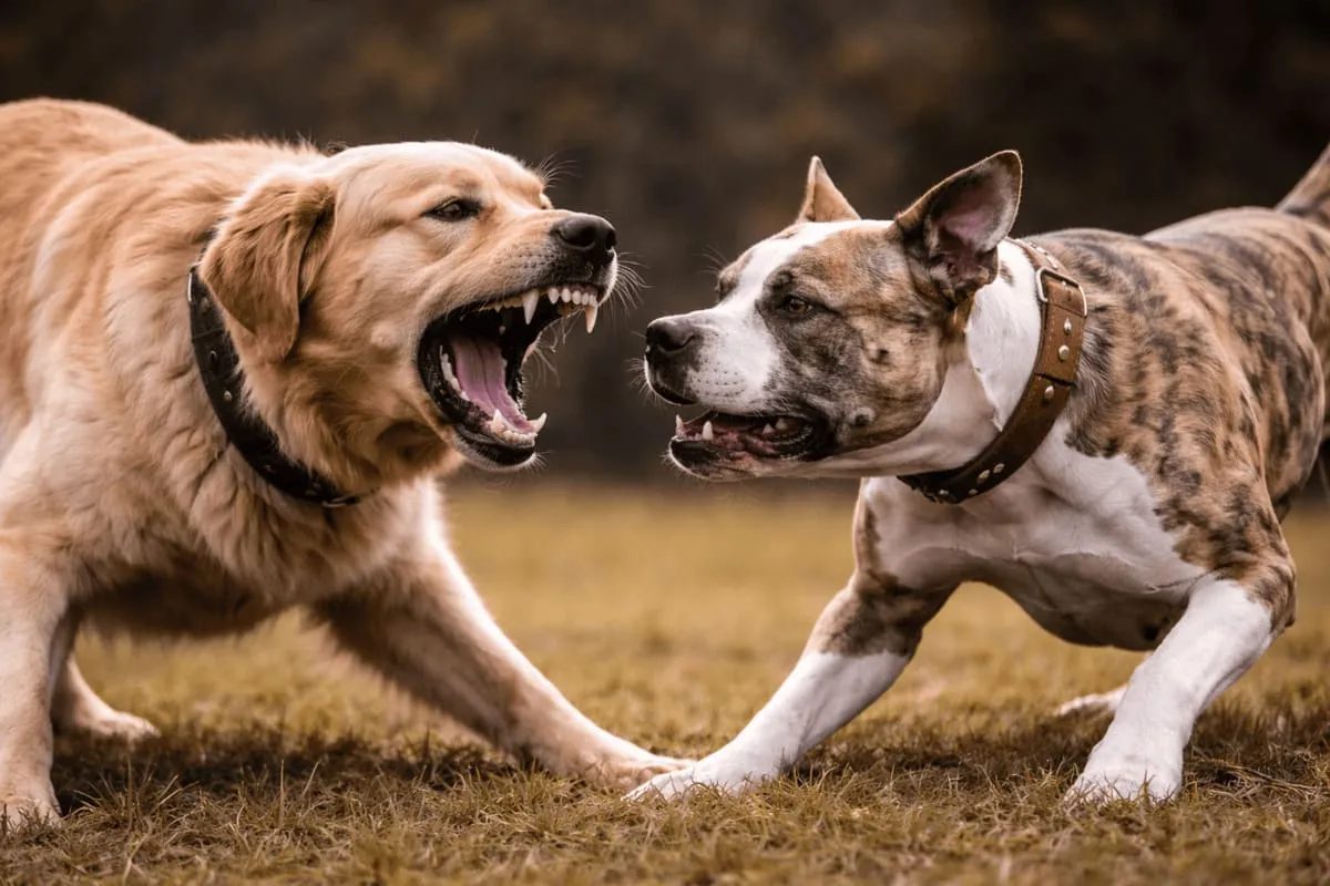 Two dogs showing tense body language and aggressive signaling in a grassy field, facing each other with bared teeth during a confrontation.