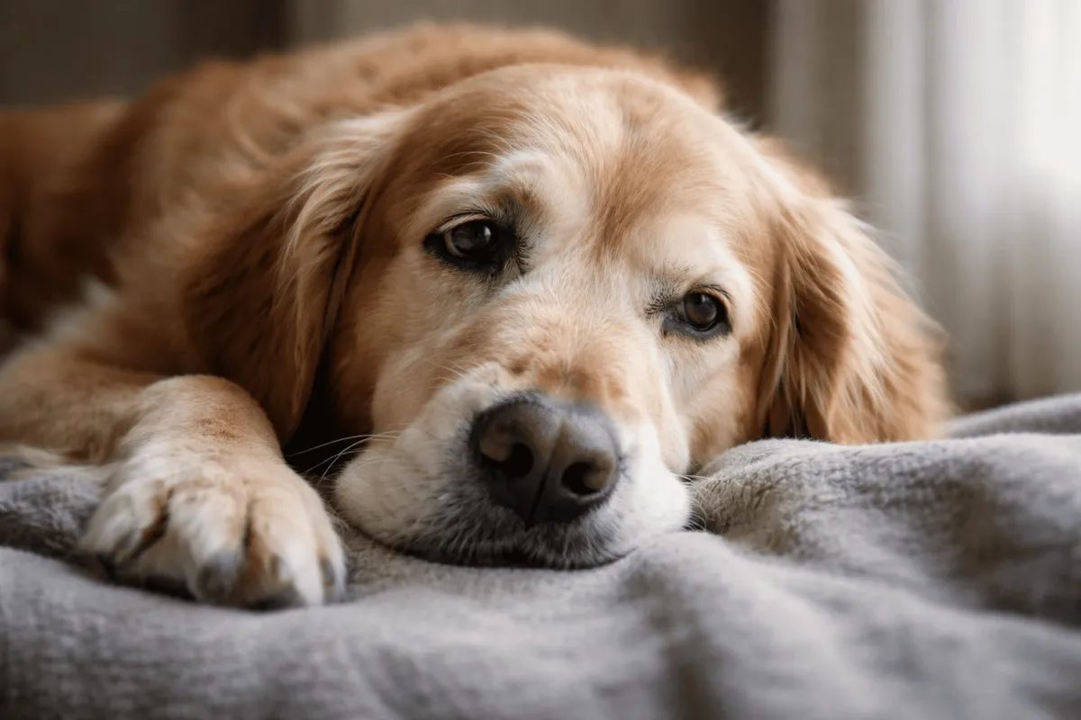 Senior dog resting with tired expression, illustrating the impact of chronic stress and aging on canine health and cellular processes