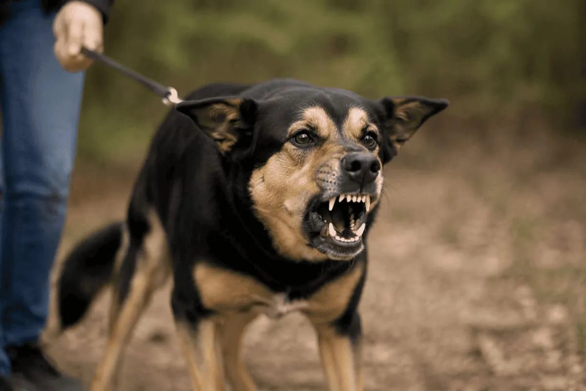 Aggressive dog showing warning signals with tense body language while held on a leash during an outdoor walk."