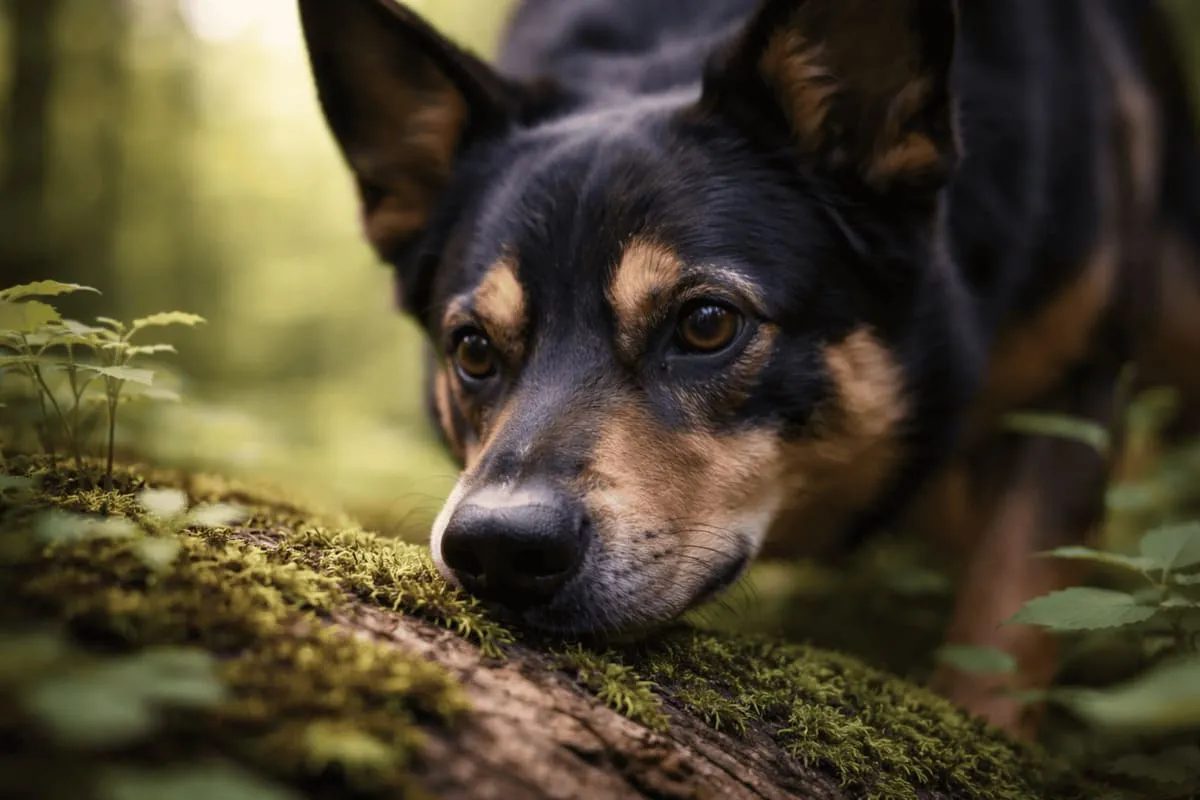 Close-up of a dog sniffing a moss-covered log in a forest, nose close to the surface, demonstrating focused scent exploration in a natural environment.