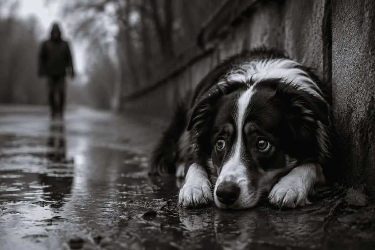 A fearful Border Collie lying low beside a stone wall on a wet path, showing cautious body language while a blurred person approaches in the background. The image represents fear conditioning, emotional memory, and fear responses in dogs.