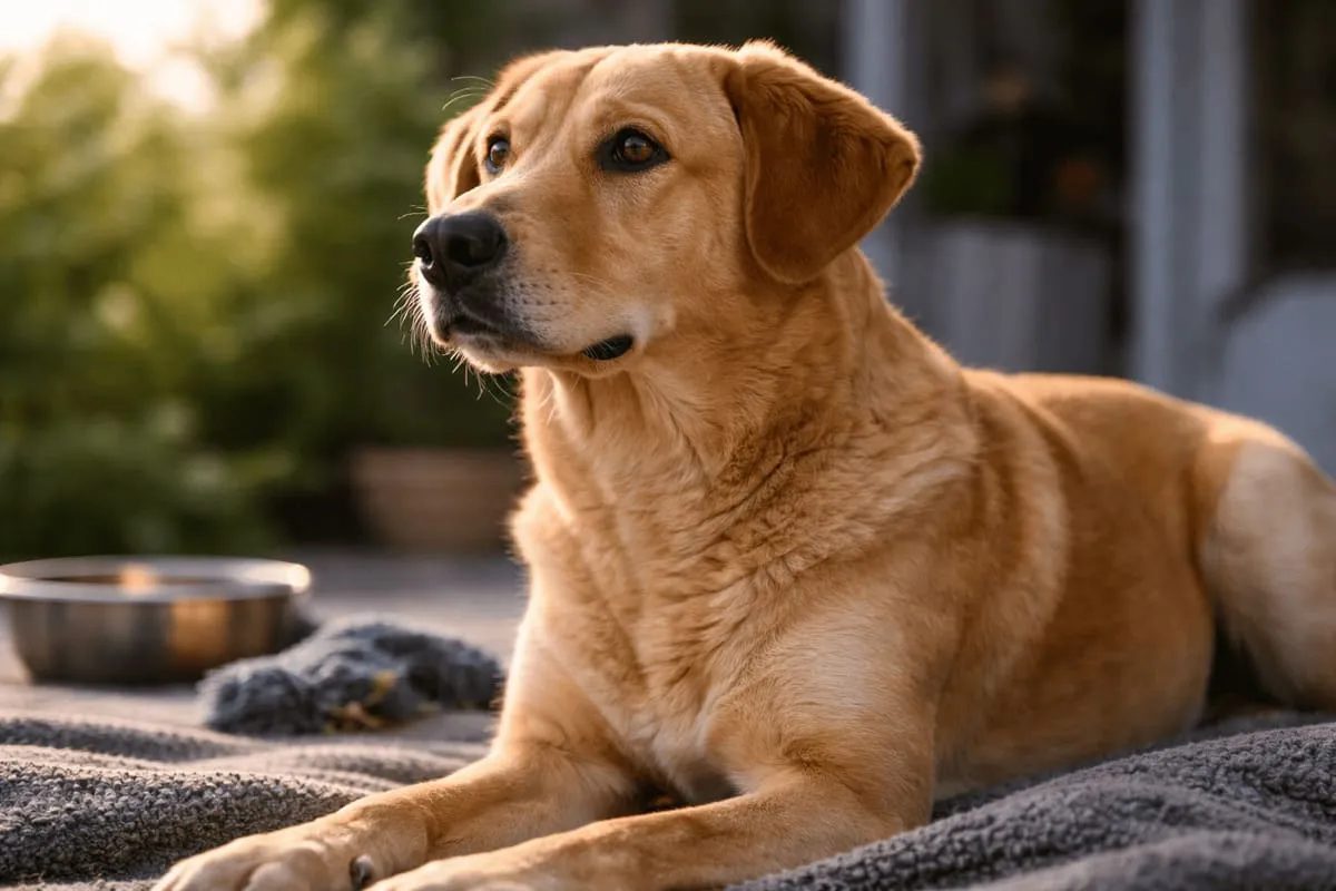Calm golden Labrador dog lying outdoors in soft natural light, representing canine emotional stability and behavior