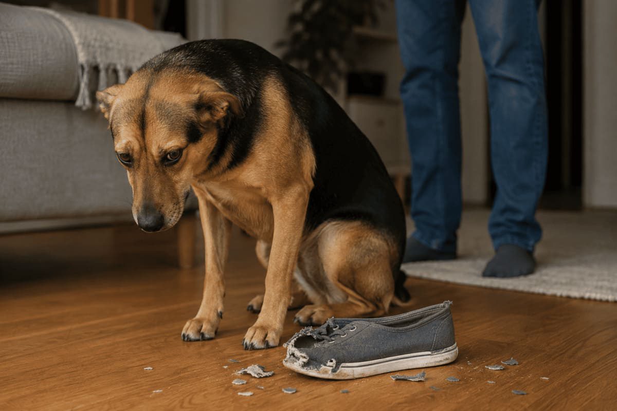 A dog sitting beside a damaged shoe on the floor with a lowered head and averted gaze, appearing anxious while a person stands nearby in a home environment. The image represents the common interpretation of a “guilty look” in dogs.