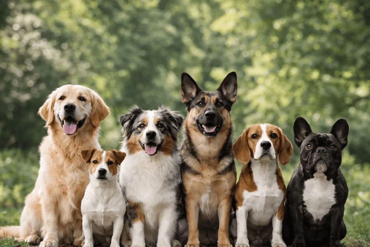 Different dog breeds sitting together, illustrating genetic diversity and the relationship between breed, genetics, and behavioral variation in dogs