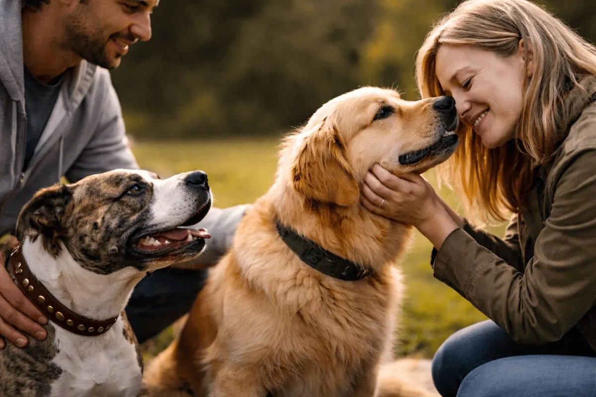 A photograph featuring two dogs interacting with their owners in a park. The first dog is a Golden Retriever, affectionately nuzzling a woman, while the second dog, a brindle mixed breed, is being petted by a man. The scene is bathed in soft, warm lighting, showcasing a joyful connection between the pets and their people.