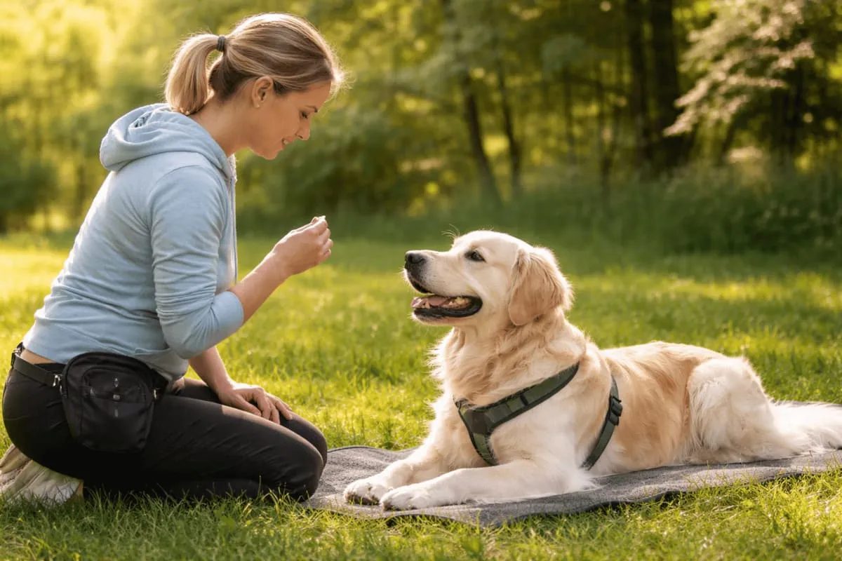 Calm Golden Retriever lying on a mat in a park while a woman kneels nearby and rewards relaxed behavior with a treat in a quiet outdoor setting