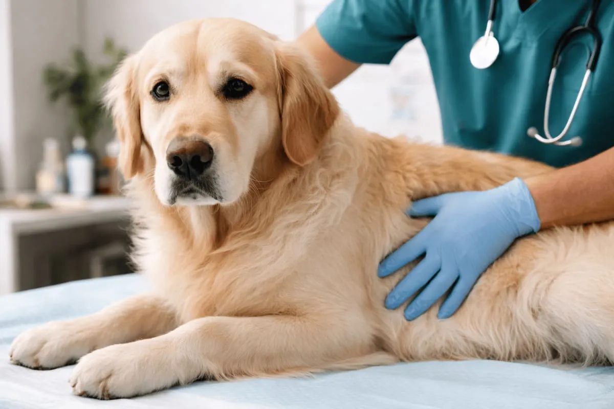 Golden Retriever lying on a veterinary examination table while a veterinarian gently palpates the abdomen, indicating assessment of potential internal pain.