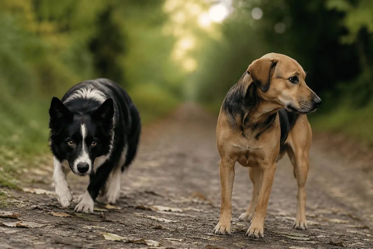 Two dogs with different body postures and expressions standing on a forest path, illustrating individual differences in canine temperament, personality, and coping styles. One dog appears focused and ready to act, while the other calmly observes its surroundings in a natural environment.