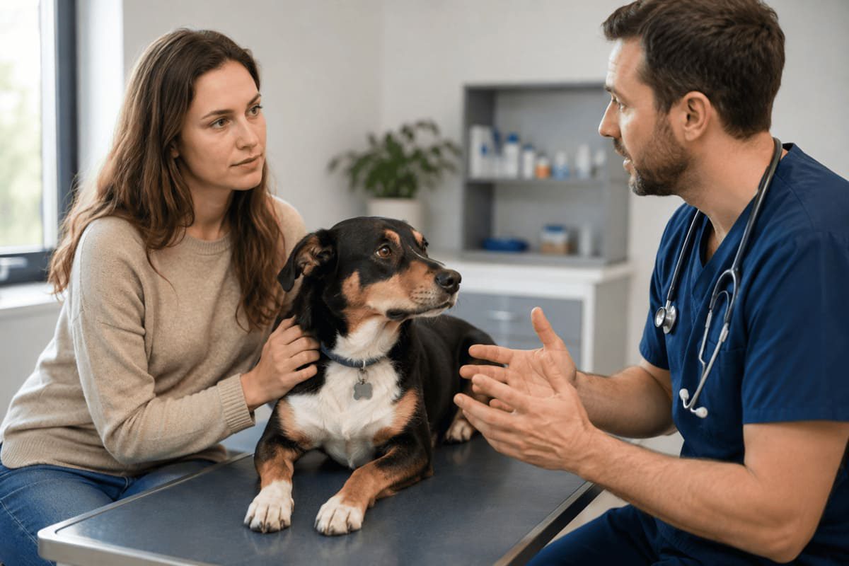 A veterinarian discussing neutering and health considerations with a dog owner while a dog sits on the examination table during a consultation in a veterinary clinic.