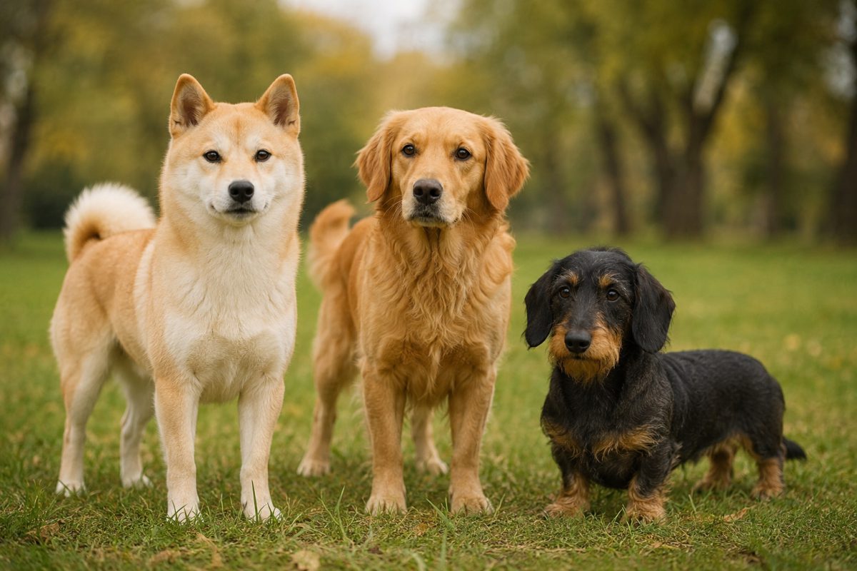 Three dogs of different breeds standing together outdoors in a grassy field, illustrating the diversity of modern dog breeds and the variation in physical traits such as ear shape, coat, size and body structure.