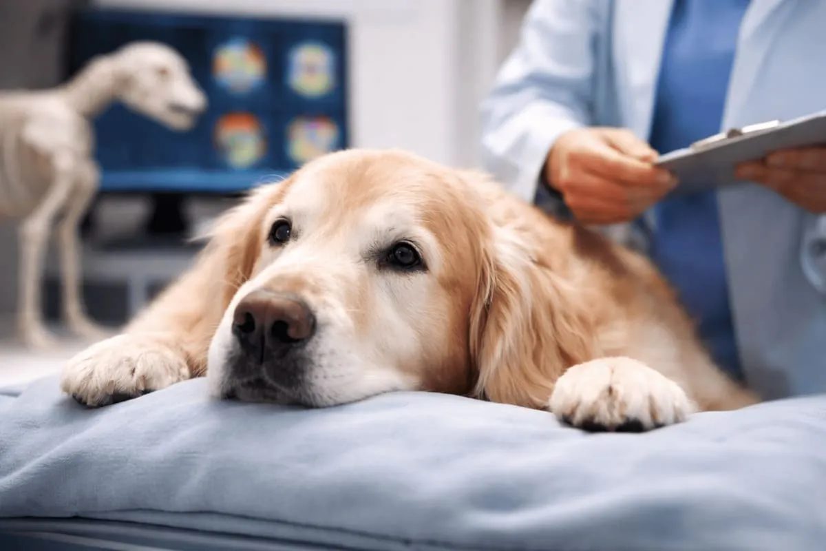 Elderly dog resting calmly during a veterinary examination, representing cognitive aging and cognitive dysfunction syndrome (CDS) in dogs
