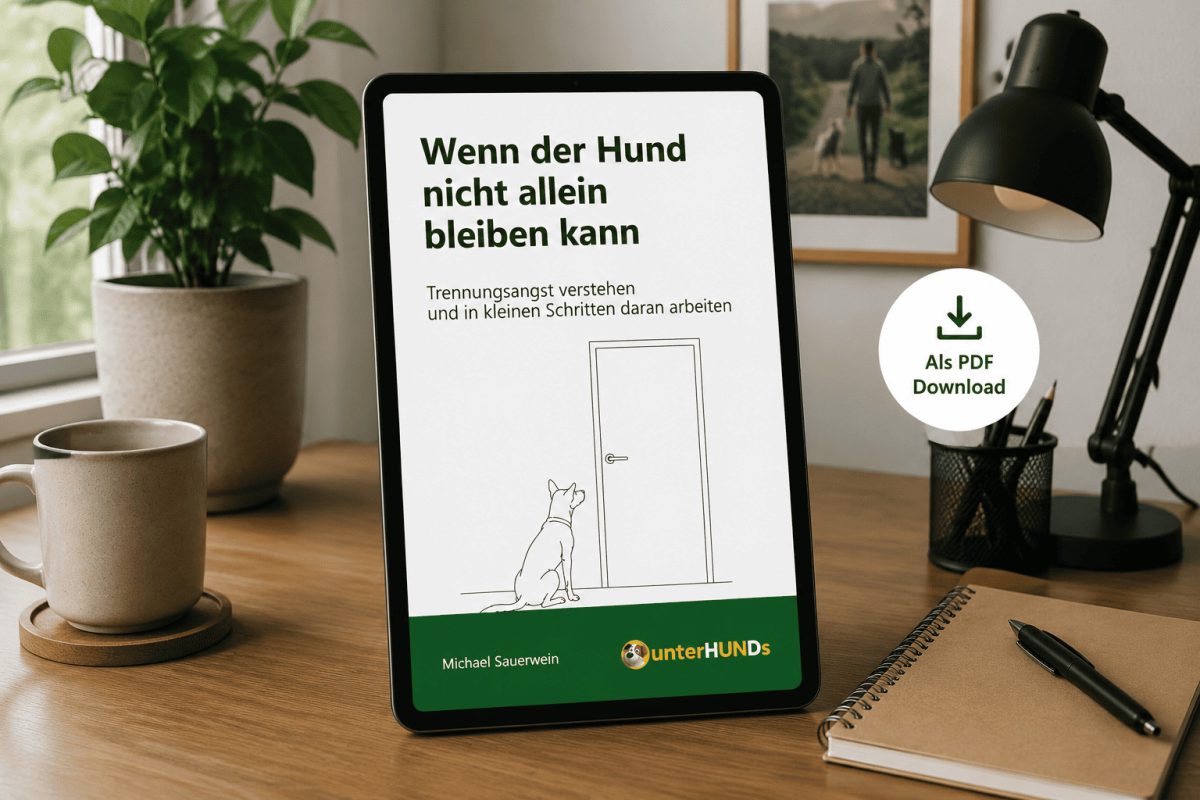Tablet mit der Titelseite des Arbeitshefts Wenn der Hund nicht allein bleiben kann
