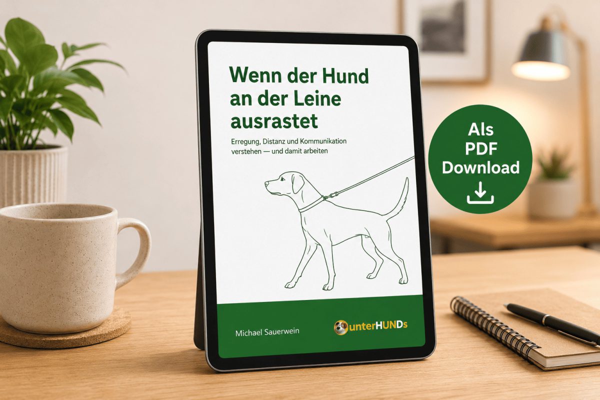 Tablet mit der Titelseite des Arbeitshefts Wenn der Hund an der Leine ausrastet