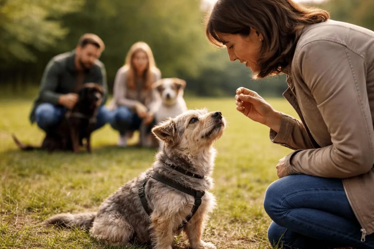 Training für Tierschutzhunde – Trainerin arbeitet ruhig mit unsicherem Hund im Freien, Fokus auf Vertrauen und Orientierung