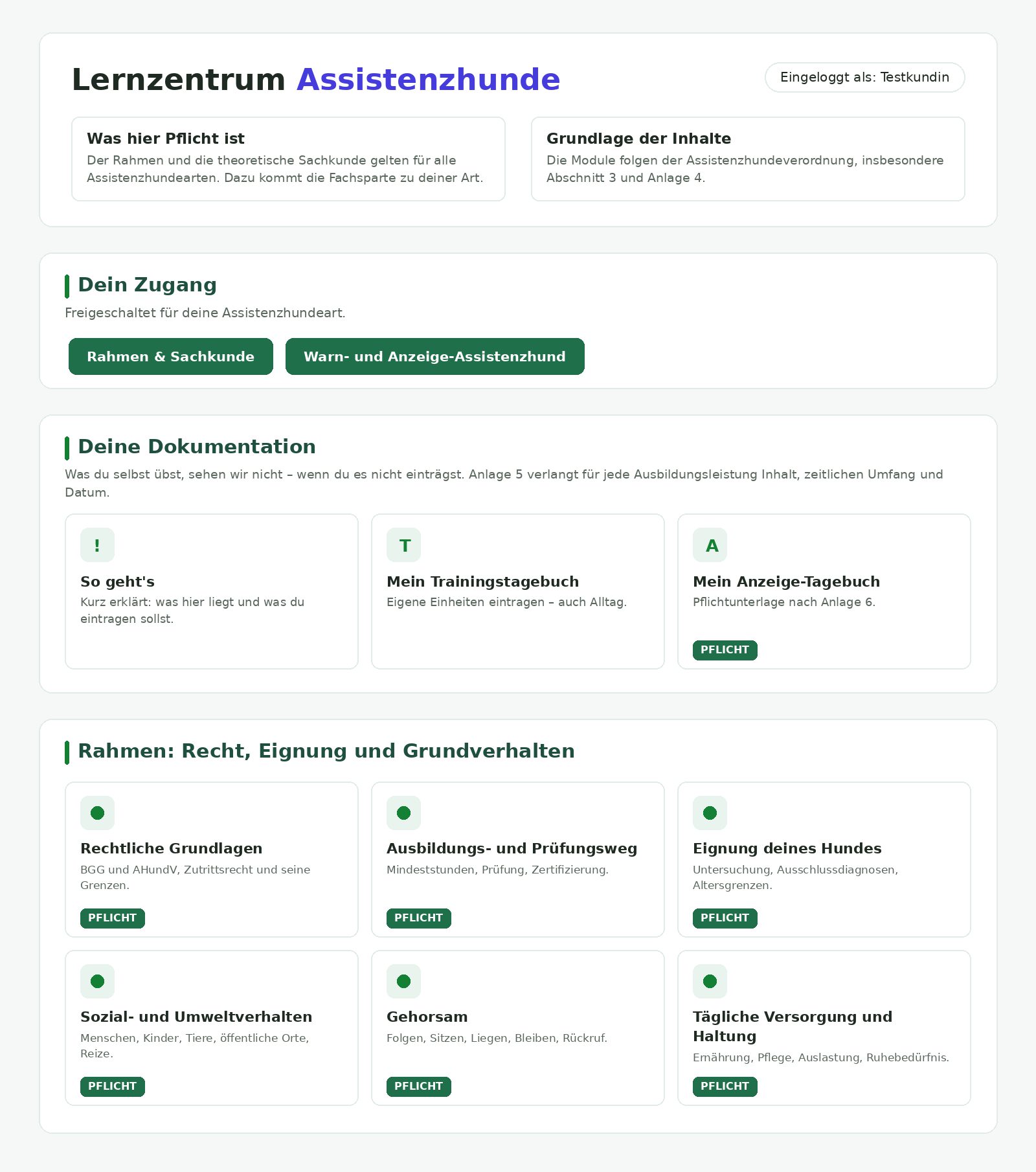 Lernzentrum Assistenzhundeausbildung mit Modulen zu Recht, Eignung, Sozialverhalten und Prüfung