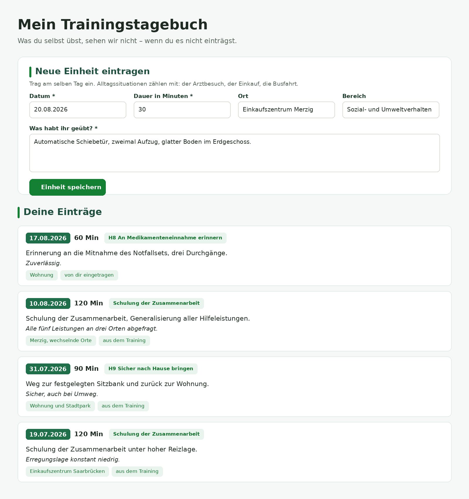 Trainingstagebuch für die Assistenzhundeausbildung mit Eingabe von Datum, Dauer, Ort und Inhalt