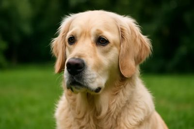 Aufmerksamer Golden Retriever mit ruhigem Gesichtsausdruck im Freien