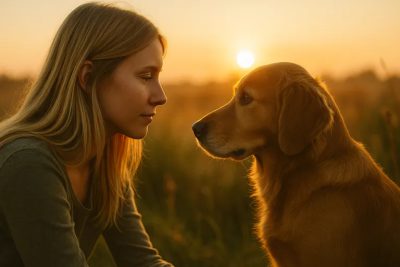Frau blickt ihrem Hund ruhig in die Augen – emotionale Bindung zwischen Mensch und Hund