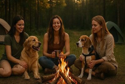 Zelten mit Hund im Saarland, Mensch-Hund-Gruppe am Lagerfeuer auf eingezäuntem Gelände in der Natur