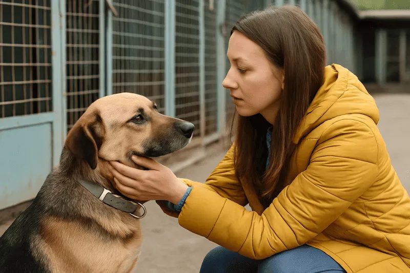Frau kniet vor einem Hund aus dem Tierschutz und spricht ruhig mit ihm – Vertrauensaufbau bei der Adoption eines Tierschutzhundes