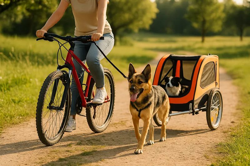 Frau fährt Fahrrad mit Hund neben dem Rad und zweitem Hund im Fahrradanhänger auf einem Feldweg.