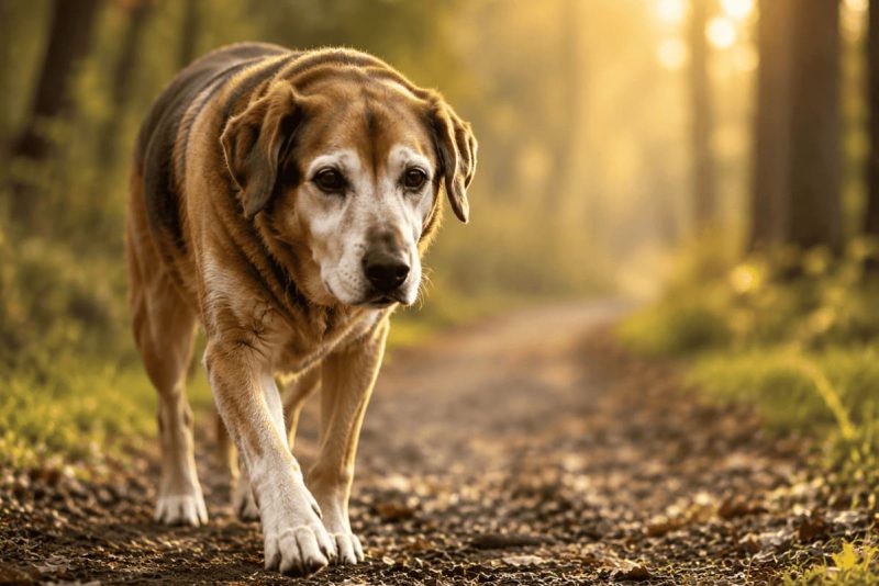 Älterer Hund läuft langsam über einen Waldweg im warmen Abendlicht. Der Hund bewegt sich aufmerksam und ruhig auf einem natürlichen Untergrund, was eine angepasste Bewegung bei Gelenkproblemen und Arthrose beim Hund symbolisiert. Das Bild steht für Schmerz­erkennung, gelenkschonende Aktivität und den Umgang mit Arthrose im Alltag.