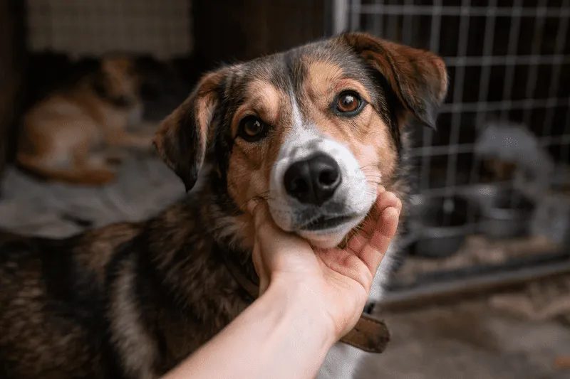 Ein Hund wird liebevoll von einer Person gestreichelt. Der Hund schaut aufmerksam und freundlich, mit einem vertrauensvollen Blick. Im Hintergrund sind weitere Hunde in einer Zwingerumgebung zu sehen