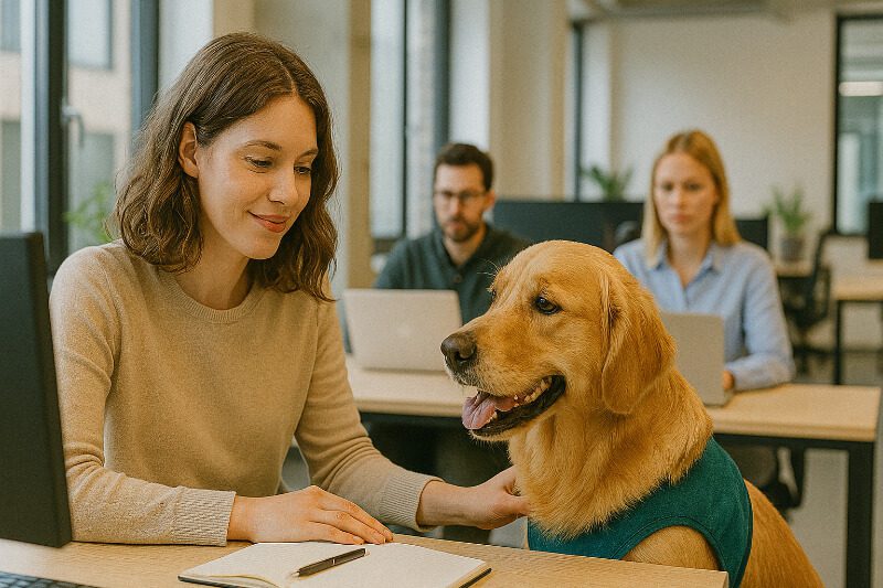 Bürohund bei unterHUNDs – Hund liegt entspannt im Büro neben dem Arbeitsplatz