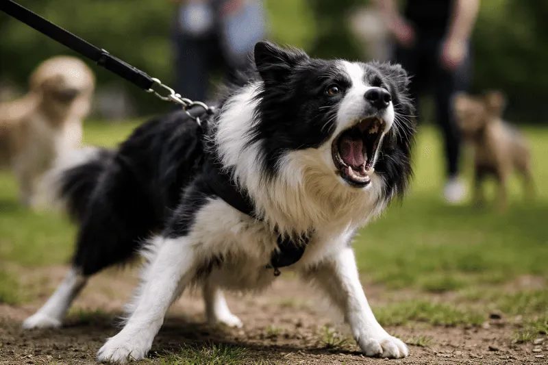 Border Collie lunging and barking on a leash toward another dog in a park