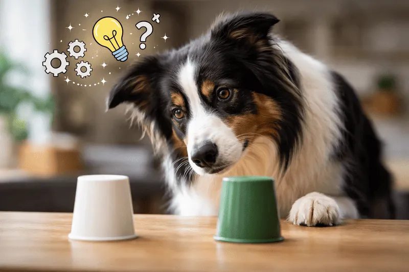 Curious Border Collie observing two cups on a table during a causal reasoning experiment, illustrating canine inference and decision-making.