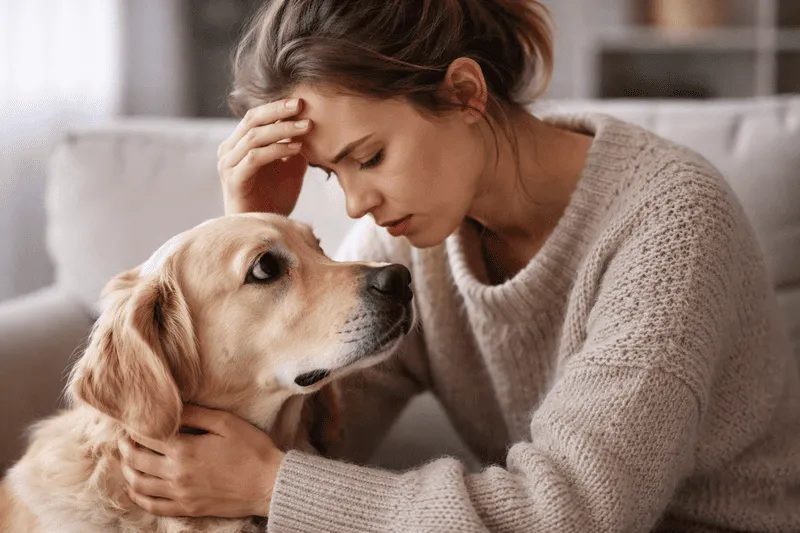 Woman showing signs of stress while holding a calm golden retriever, illustrating emotional contagion between humans and dogs
