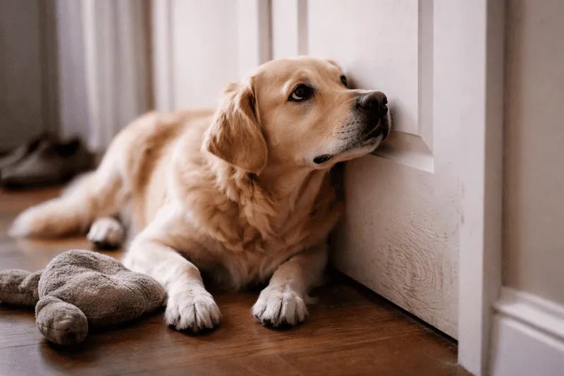 Golden retriever lying beside a closed door showing signs of separation anxiety while waiting for its owner