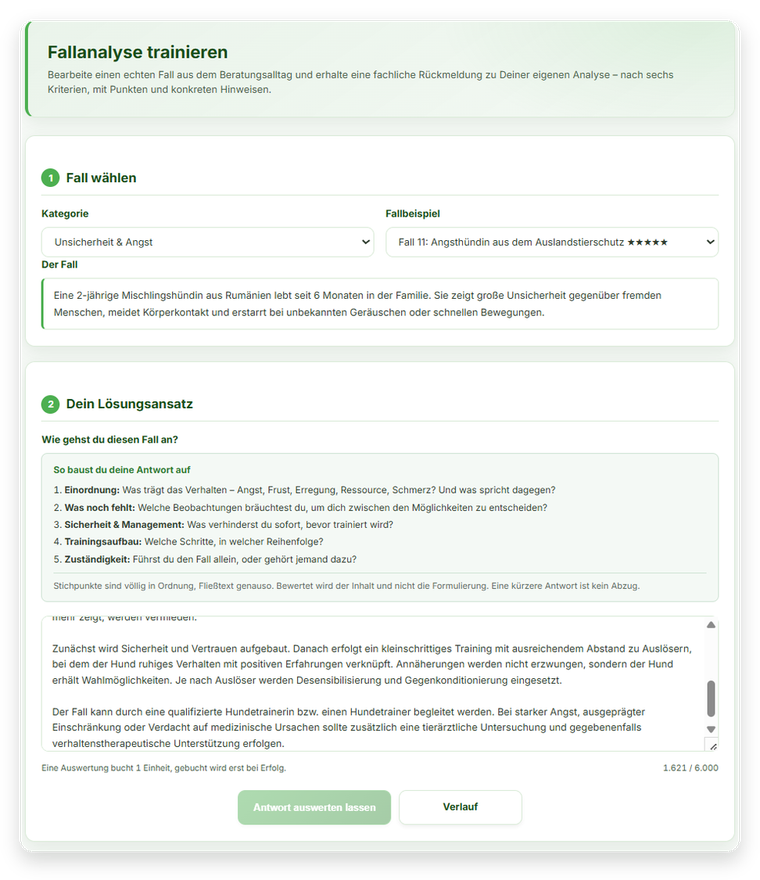 Fallauswahl und Eingabefeld im Fallanalyse-Trainer