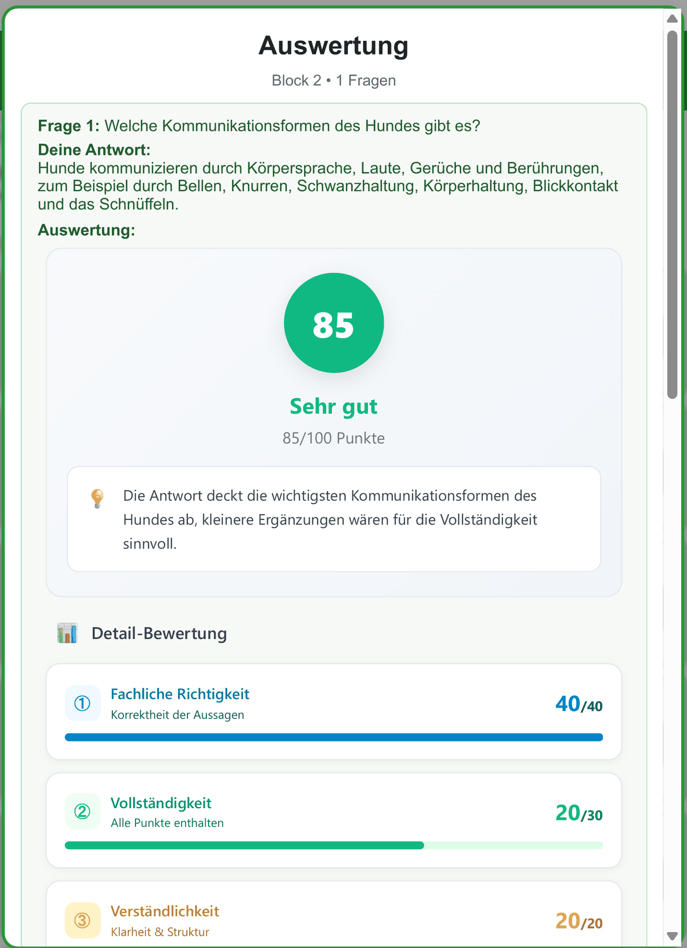 Auswertung einer Freitextantwort mit Punkten und Detailbewertung
