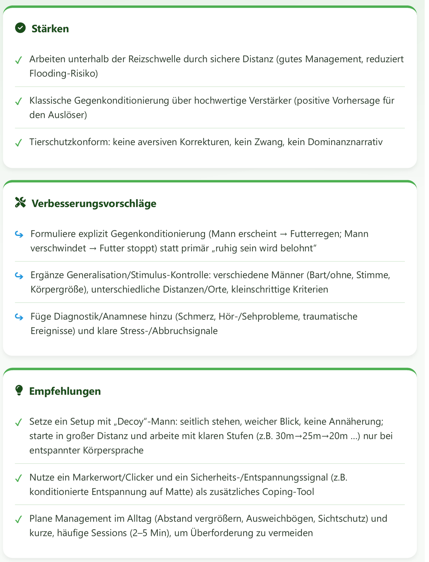 Rückmeldung zu einer Fallanalyse mit Stärken, Verbesserungsvorschlägen und Empfehlungen