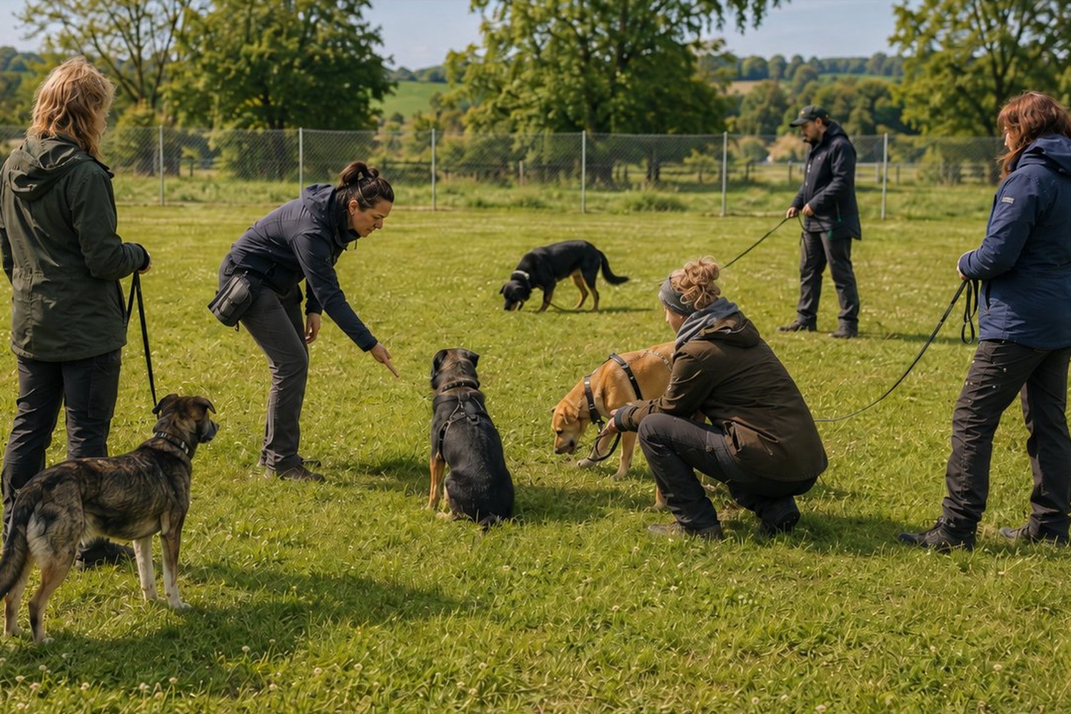 Praxistraining in kleiner Gruppe auf einer eingezäunten Wiese